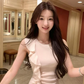 Blush Pink Ruffle Trim Sleeveless Bodycon Dress Women With Side Flounce Detail R9399