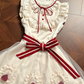 Lolita Style Round Neck A-Line Dress with Lace Ruffles & Red Bow Detail R9145