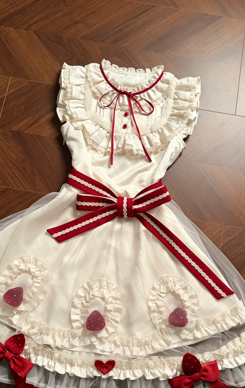 Lolita Style Round Neck A-Line Dress with Lace Ruffles & Red Bow Detail R9145