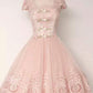 Cap Sleeve Pink Lace Homecoming Dress, Tulle A-Line Homecoming Dress    S6969