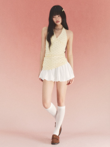 Butter Yellow Polka Dot Halter Top and White Mini Skirt Set with Ruched Waist, V-Neck and Bubble Hem R9249