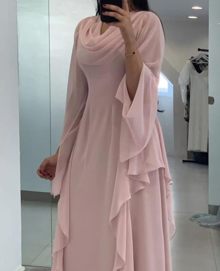 Puff Sleeve Pink Loose Ankle-Length Casual Dress Evening Dress     S7007