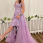 Lilac High Low Spaghetti Straps Lace Prom Dress       S5347