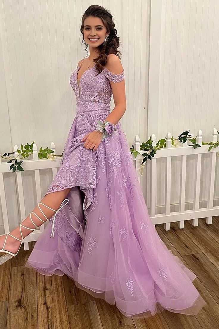 Lilac High Low Spaghetti Straps Lace Prom Dress       S5347