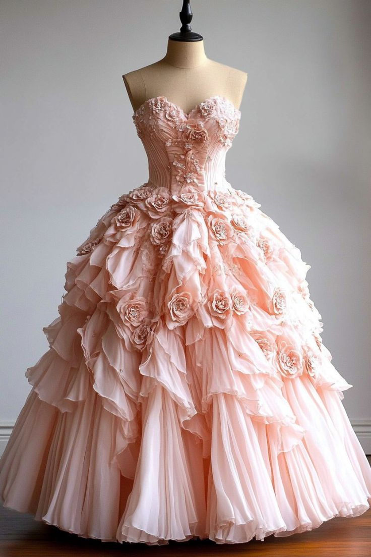 A Line Blush Pink Quinceanera Strapless Sweet 16 3D Flowers Party Ball Gown     S7232