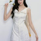 White Cotton Textured Sleeveless Mini Dress Women With Floral Embroidery Trim R9404