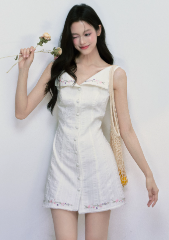 White Cotton Textured Sleeveless Mini Dress Women With Floral Embroidery Trim R9404