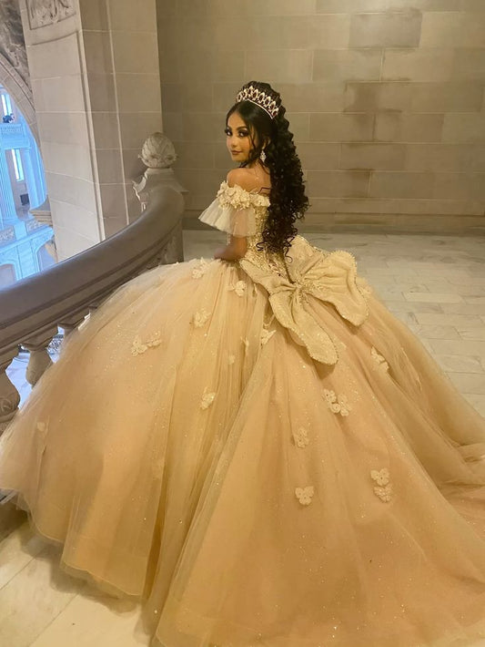 Champagne Quinceanera Off Shoulder Sweet 16 Applique Party Ball Gown     S7228
