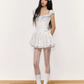 White Floral Corset Mini Dress with Ruffled Trim Neckline, Puff Cap Sleeves, Pleated Skirt and Smocked Back R9252