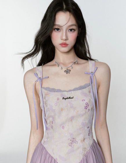 Purple Floral Jacquard Corset Cami Dress Women With Tulle Skirt And Bow Straps R9409