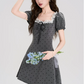 Gray Polka Dot Mini Dress Women With Lace Trim Square Neck And Puff Sleeves R9402