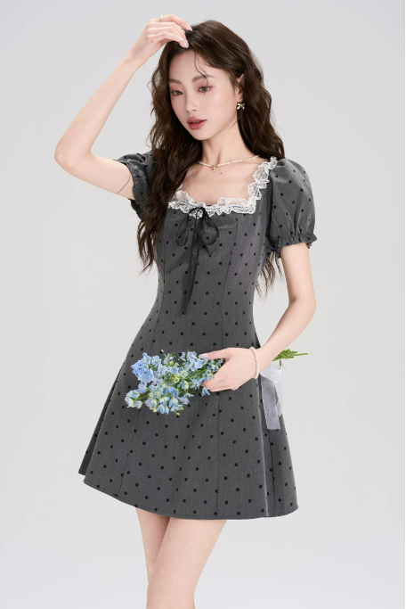 Gray Polka Dot Mini Dress Women With Lace Trim Square Neck And Puff Sleeves R9402