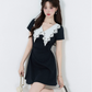 Navy A-Line Dress, Women's Short Sleeve with White Lace Collar and Waist Ruched Mini Dress R9341