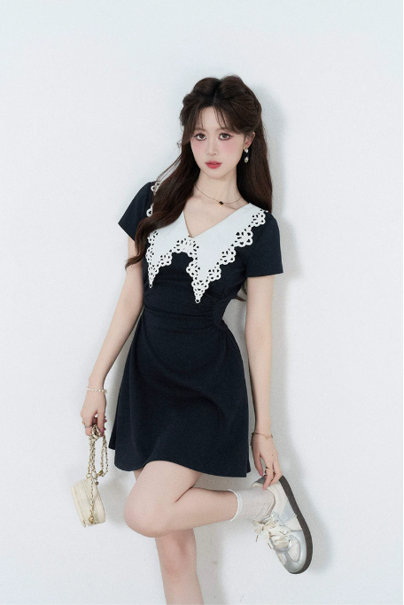 Navy A-Line Dress, Women's Short Sleeve with White Lace Collar and Waist Ruched Mini Dress R9341