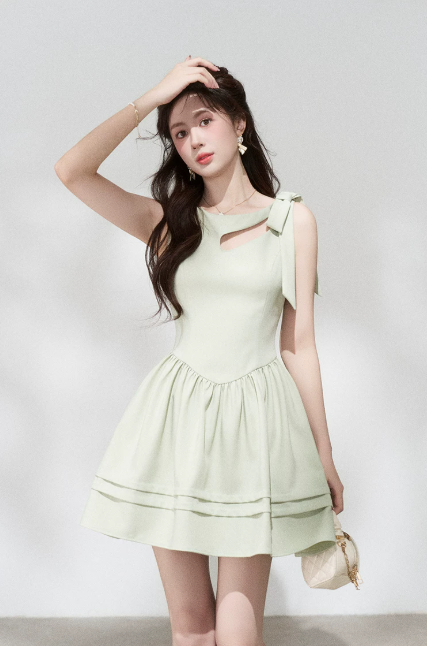 Mint Green A-Line Dress, Women's Sleeveless with Cutout Neck and Bow Shoulder Mini Dress R9339