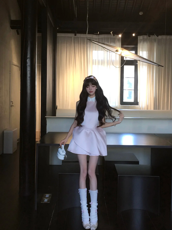 Pink satin sleeveless waist slim fit temperament princess skirt homecoming dress R5076