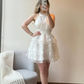 White sleeveless waist A-line short skirt homecoming dress R5536