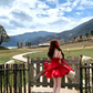 Red Lace Trim Cami Dress with Flowy Bow Strap R9166
