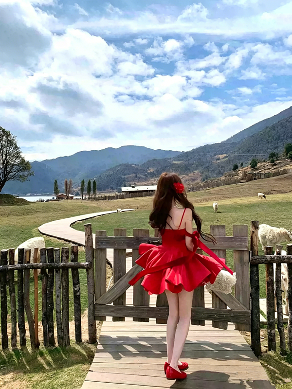 Red Lace Trim Cami Dress with Flowy Bow Strap R9166