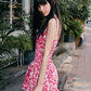 Pink Floral Print Cami Mini Dress with Lace Trim, Bow Detail and Tiered Ruffle Skirt R9276