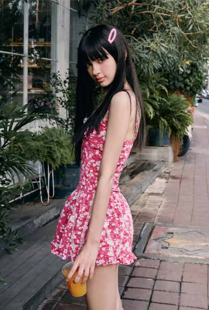 Pink Floral Print Cami Mini Dress with Lace Trim, Bow Detail and Tiered Ruffle Skirt R9276