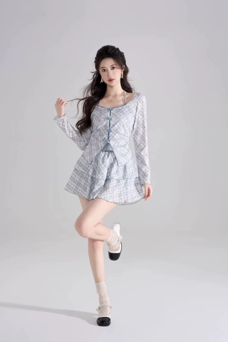 Fresh Blue Plaid 3-Piece Outfit, Women's Long Sleeve Bow Detail Top with Cami and Mini Skirt R9338