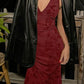 Burgundy V Neck Long Evening Dresses Prom Gown     S6961