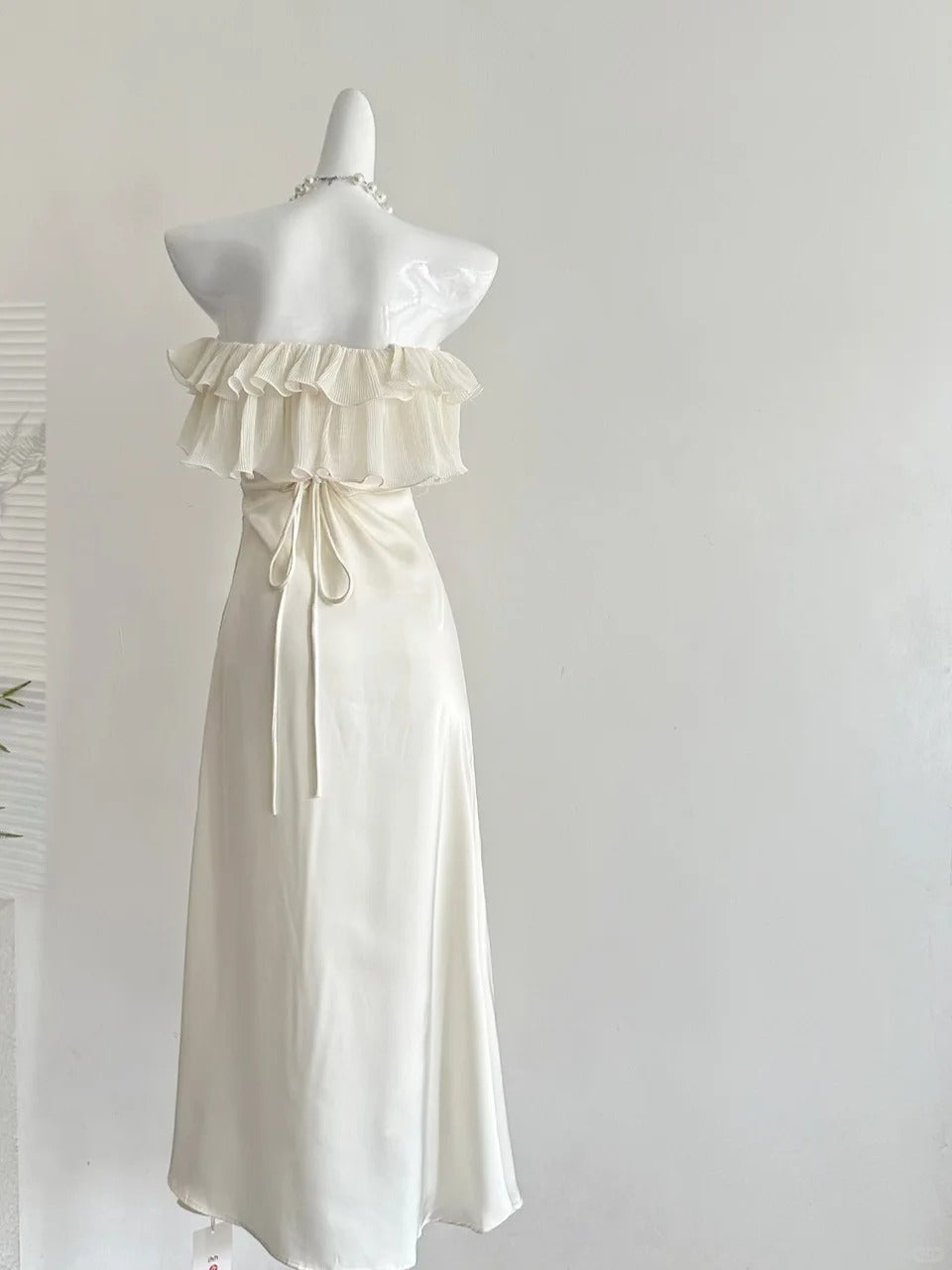 Elegant Off-Shoulder Satin Dress with Lace-Up Back R9126