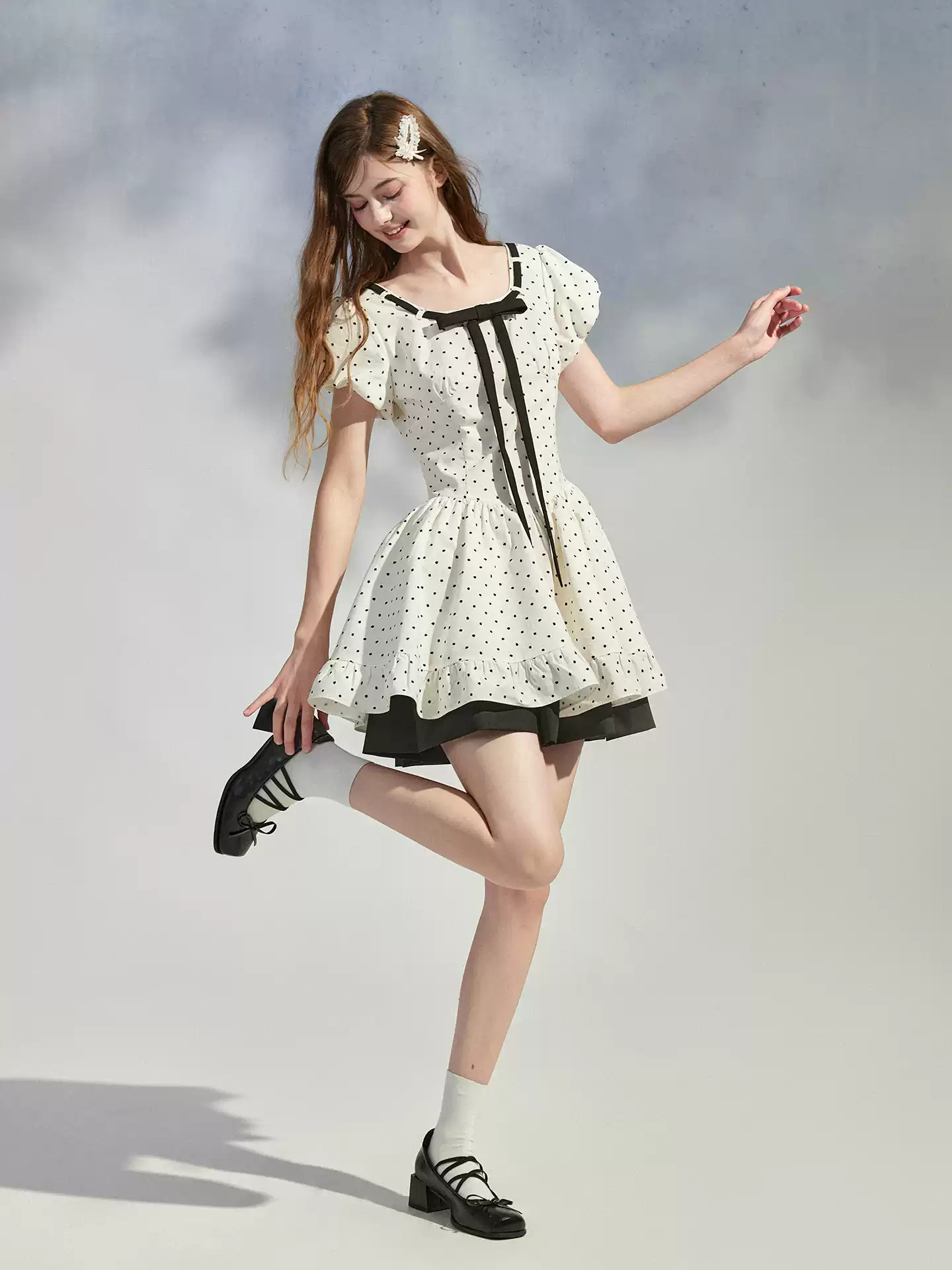 White Polka Dot Mini Dress with Black Bow and Puff Sleeves R9213