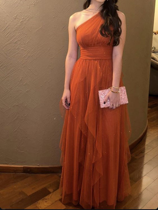 A-line Burnt Orange Tulle Modest Formal Long Women Evening Prom Dresses         S5369