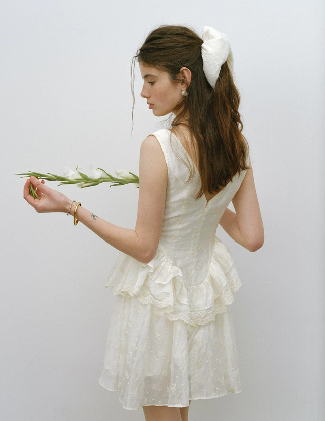 Cream White Tiered Ruffle Mini Dress Women With Sweetheart Neckline R9480