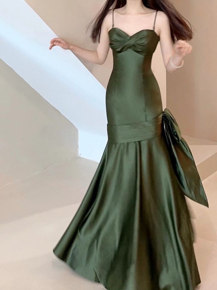 Sexy Mermaid Straps Green Party Dresses Satin Long Prom Dresses       S5245