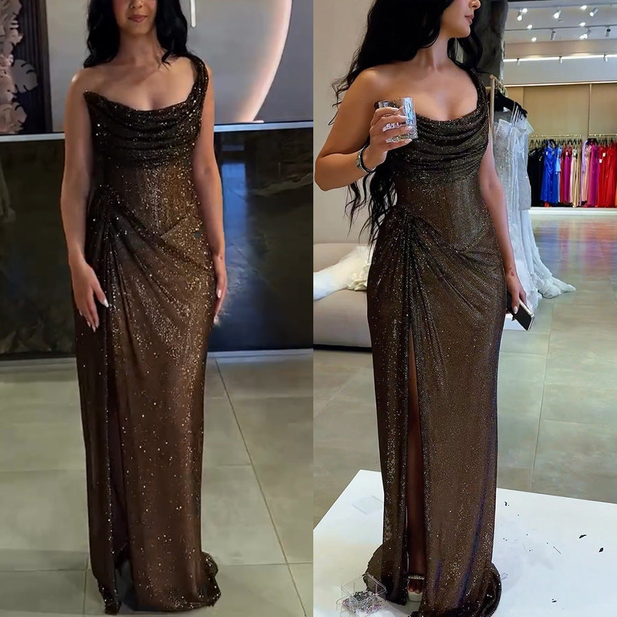 Glitty Asymmetrical Ruched Slit Long Sequin Dress    S6955