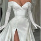 A-Line Evening Gown Elegant Dress Formal Court Train Long Sleeve Off Shoulder Satin with Buttons Pleats Slit dress     S7018