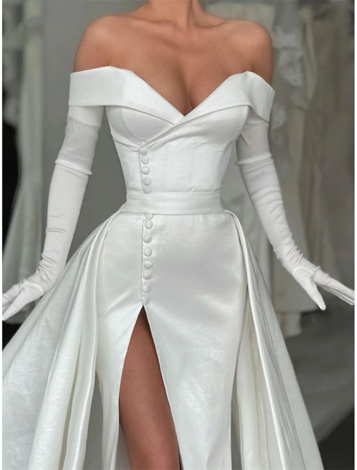 A-Line Evening Gown Elegant Dress Formal Court Train Long Sleeve Off Shoulder Satin with Buttons Pleats Slit dress     S7018