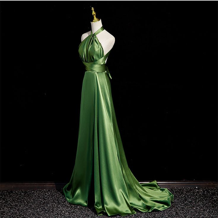 Modest Simple Green Split Front Evening Dresses A-Line Princess Prom Gown     S6949