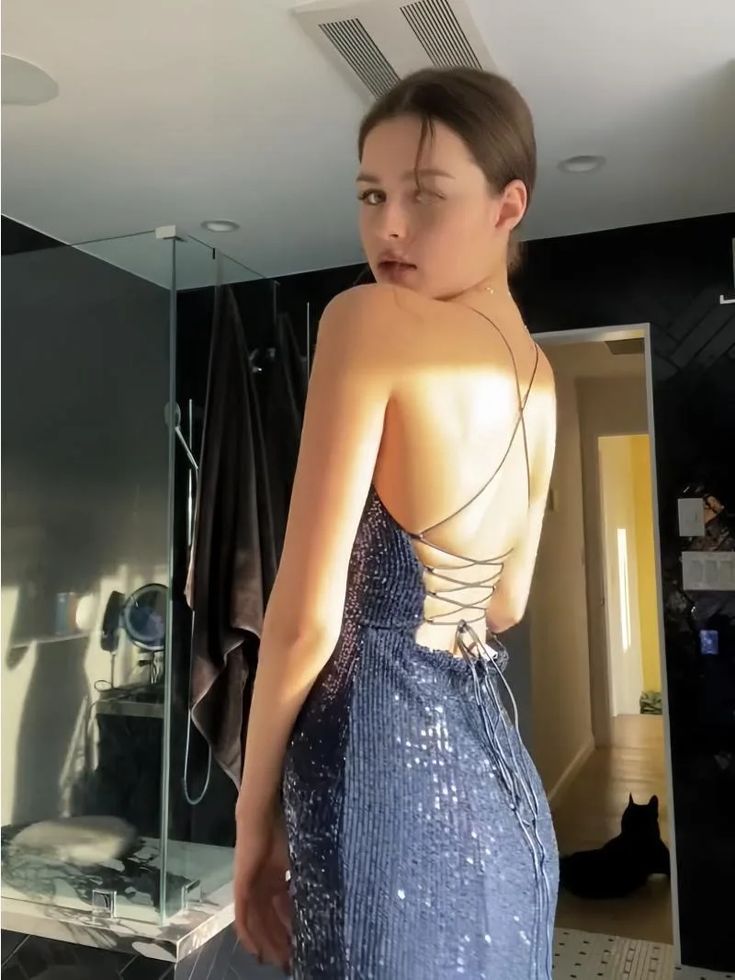 Sparkly Navy Blue Sequins Mermaid V-neck Long Evening Prom Dresses     S5207