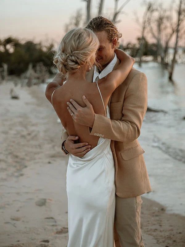 Column Spaghetti Straps V Neck Sleeveless Wedding Dress Formal Women's Dresses        S6965