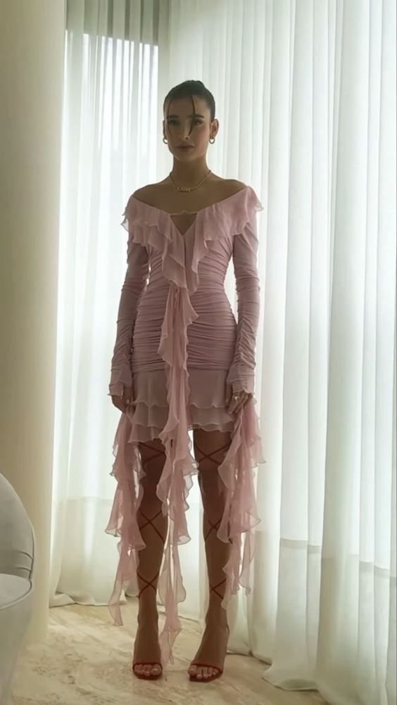 Pink Off Shoulder Chiffon Evening Gowns Party Dresses With Ruffles   S6943