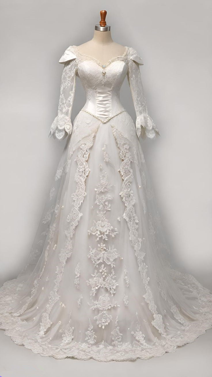 A Line White Tulle Lace Long Sleeves Wedding Dress      S6940