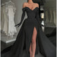 A-Line Evening Gown Elegant Dress Formal Court Train Long Sleeve Off Shoulder Satin with Buttons Pleats Slit dress     S7018