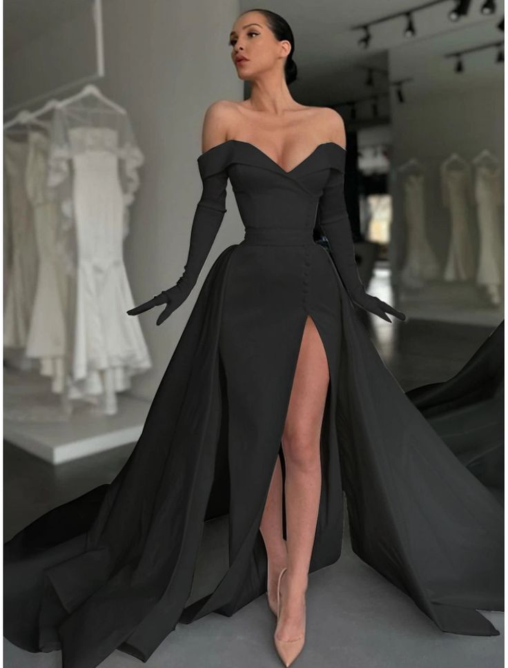 A-Line Evening Gown Elegant Dress Formal Court Train Long Sleeve Off Shoulder Satin with Buttons Pleats Slit dress     S7018