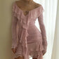 Pink Off Shoulder Chiffon Evening Gowns Party Dresses With Ruffles   S6943
