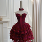 Red tube top lace waist slim fit puffy cake skirt homecoming dress R5036