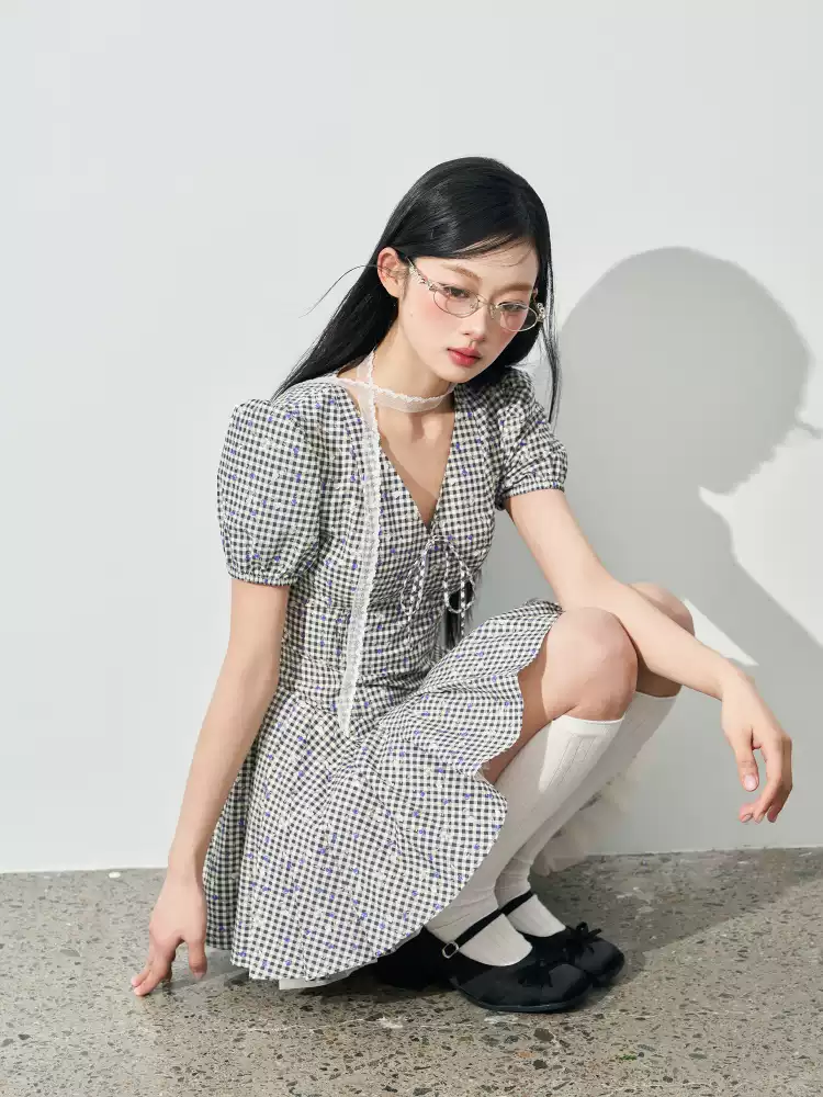 Gingham Plaid Mini Dress Women With V Neck Bow Detail And Tulle Underskirt R9398