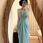 Light green halter neck fitted waist sexy ball gown R9063