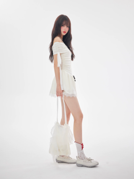 French Mini Dress, White Off-Shoulder Ruched Bodycon With Lace Hem R9380