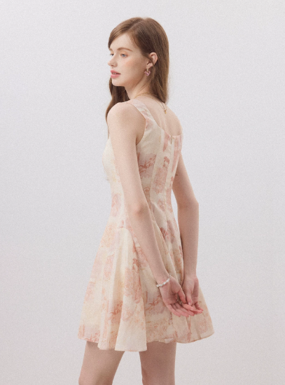 Pink Floral Print Halter Neck Mini Dress Women With A-Line Skirt R9489