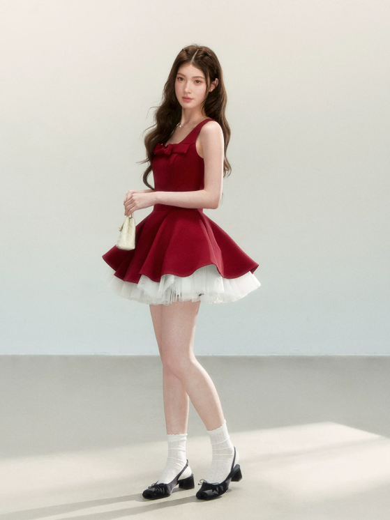 Red Sleeveless Dress with Bow Detail, Flared Skirt and Tulle Underskirt R9222