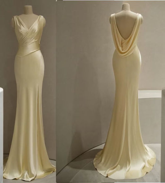 Pastel Yellow Satin Backless Mermaid Long Prom Dress      S7065